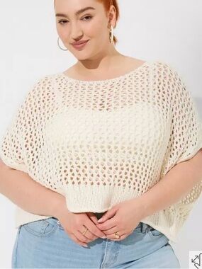 Torrid Open Stitch Pristine Ivory Pullover Oversized Cropped Sweater Size 00/0